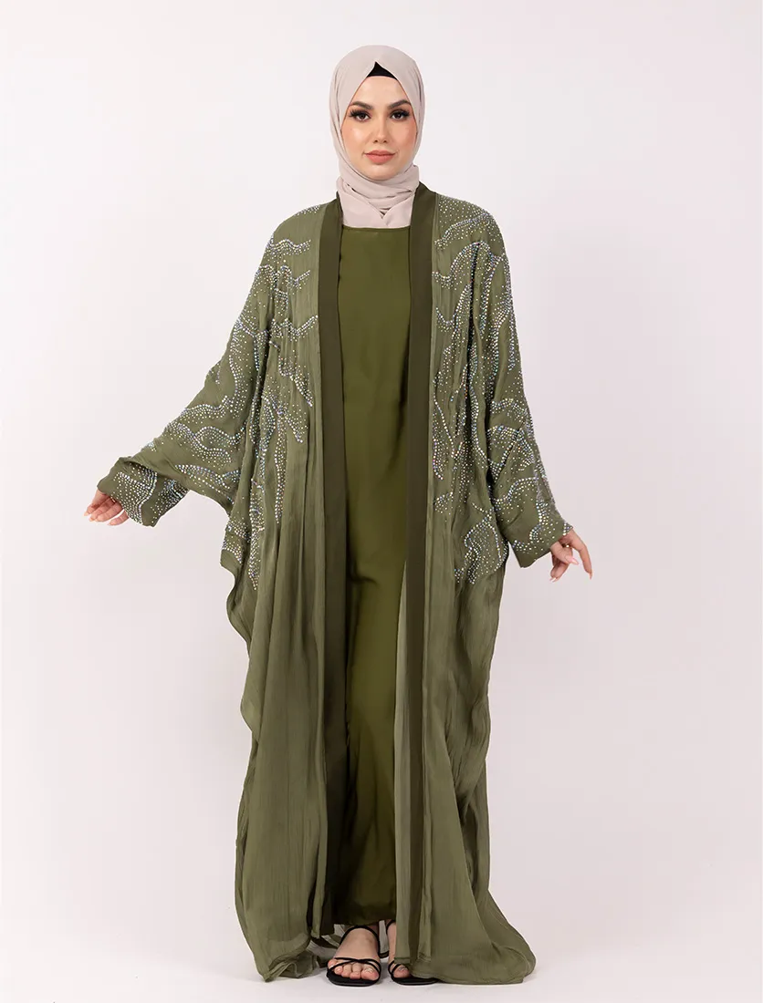 Olive Crystal Embellished Sheer Overlay Abaya